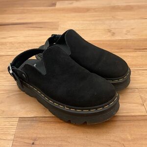 Dr. Martens Black Suede Slingback Clogs with Yellow Stitching